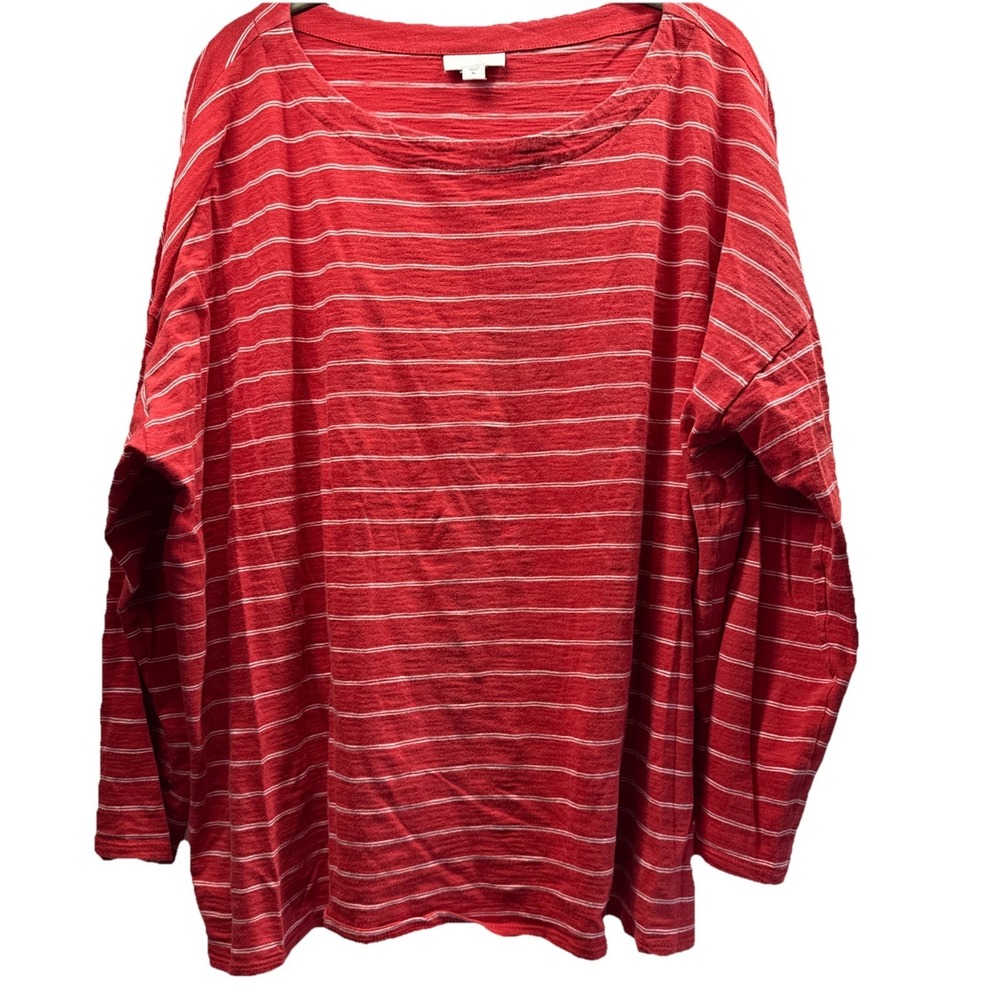 J Jill Women Top Sz XL Orange White Stripe Drop Shoulder Relaxed Fit Long Sleeve